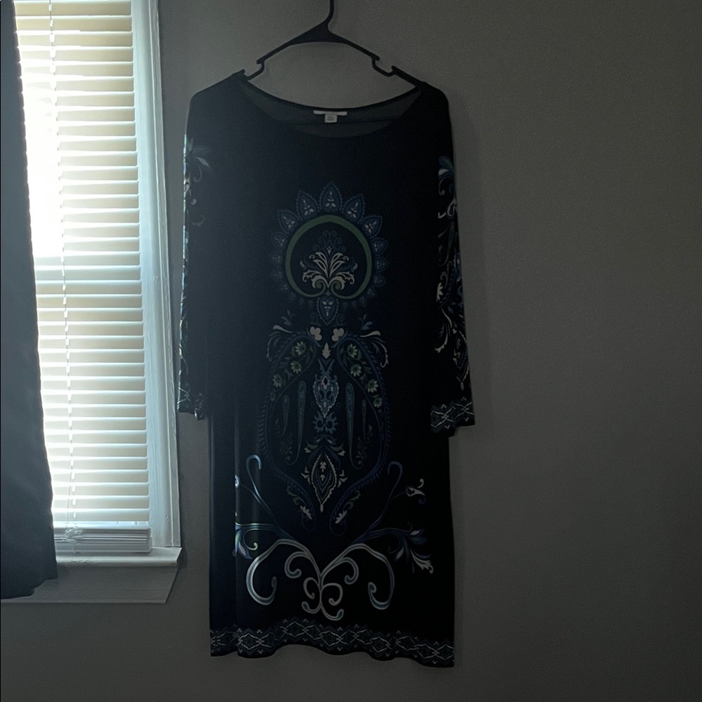 Black Printed Midi Dress with Blue-Green Accents